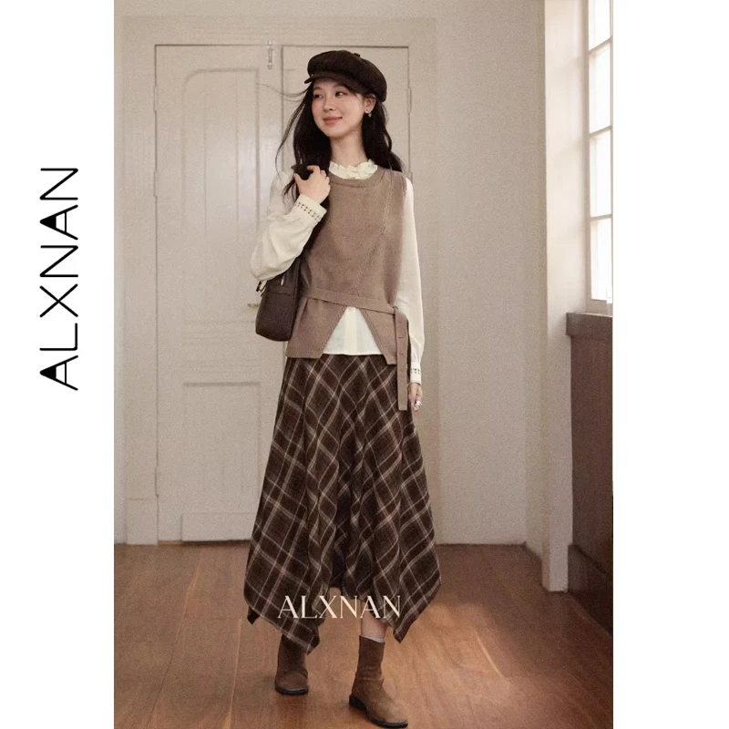 

ALXNAN Women's Vest Asymmetric Hem Belted Waist Knitted Vest New Autumn Loose-Fitting Casual Versatile Female Clothing L569168-1