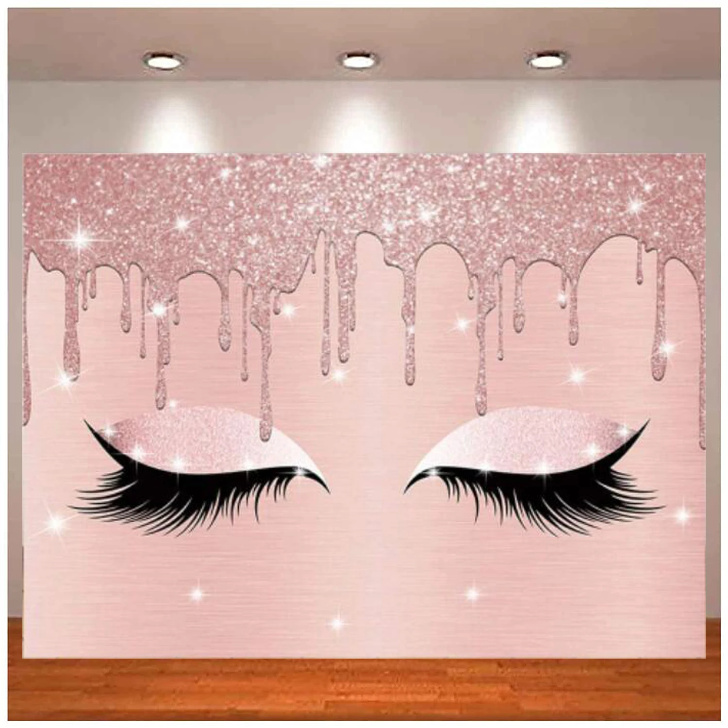 

Dripping Lashes Glitter Rose Gold Pink Drips Party Background Eyelash Makeup Girls Spa Party Decor Photography Backdrop Banner