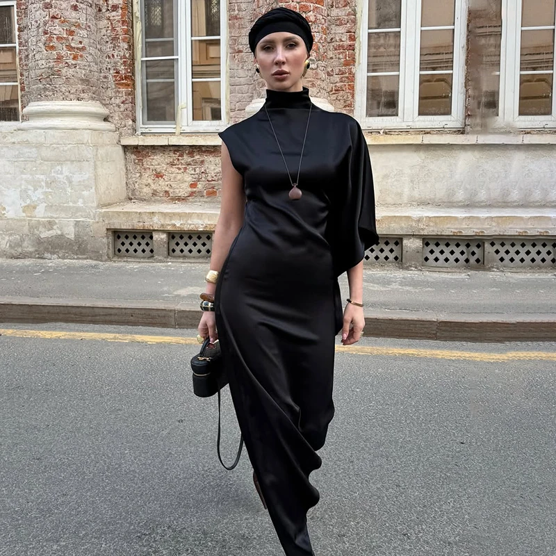 Satin One Shoulder Long Dress Women 2026 Summer Casual Turtleneck Asymmetric Loose Dresses Party Club Fashion Cover Up Dress