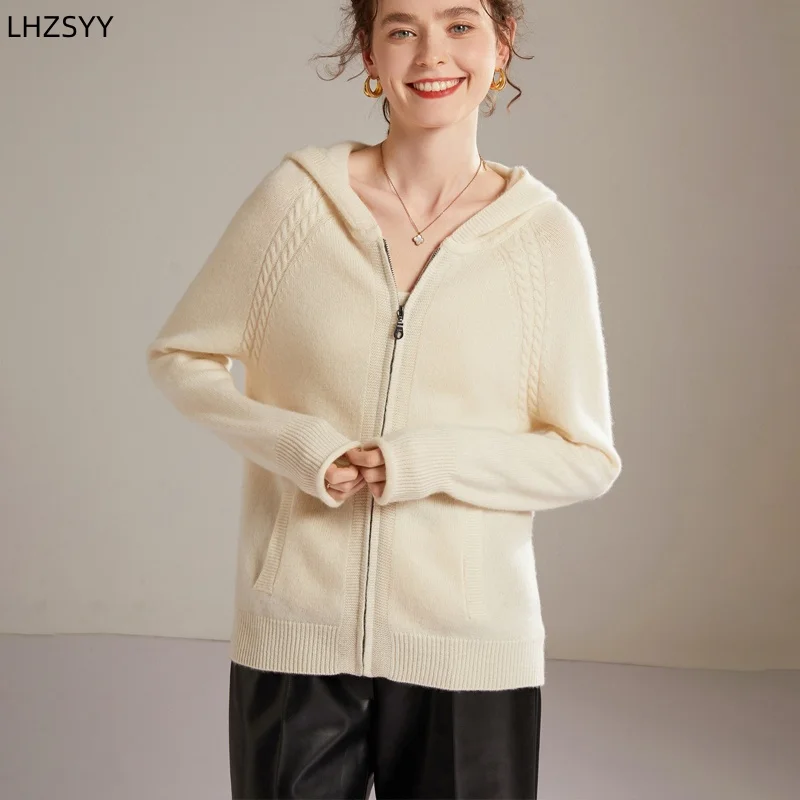 LHZSYY Fall/Winter New 100% Goat Cashmere Zipper Jacket Women\'s High-end Hooded Knit Cardigan Casual Loose Thick Sweater Coat