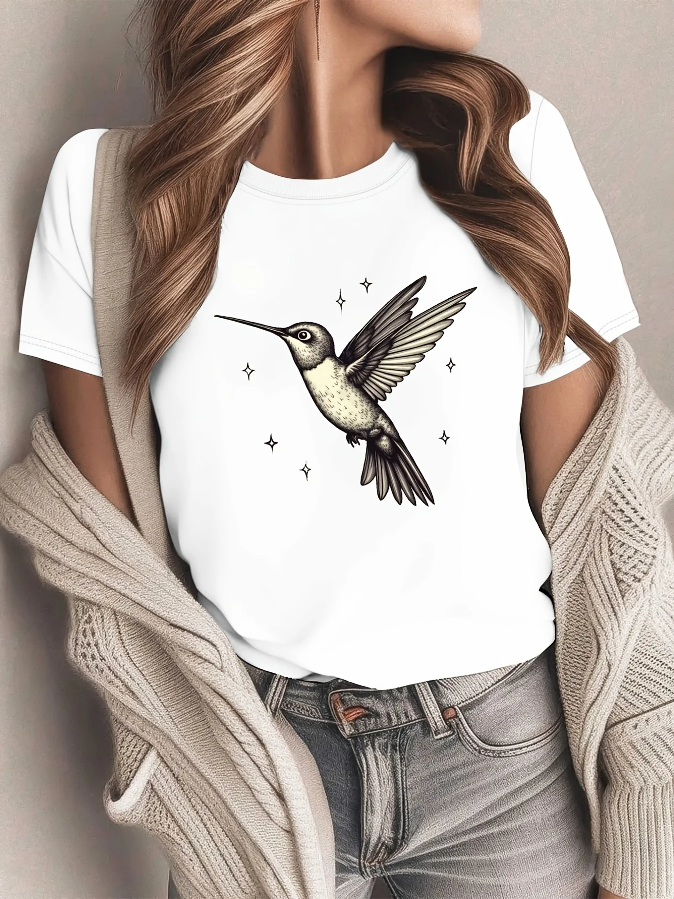 Vintage Hummingbird Graphic Tee Celestial Star Short Sleeve Casual Crewneck T-Shirt for Women Bird Nature Aesthetic Summer Top