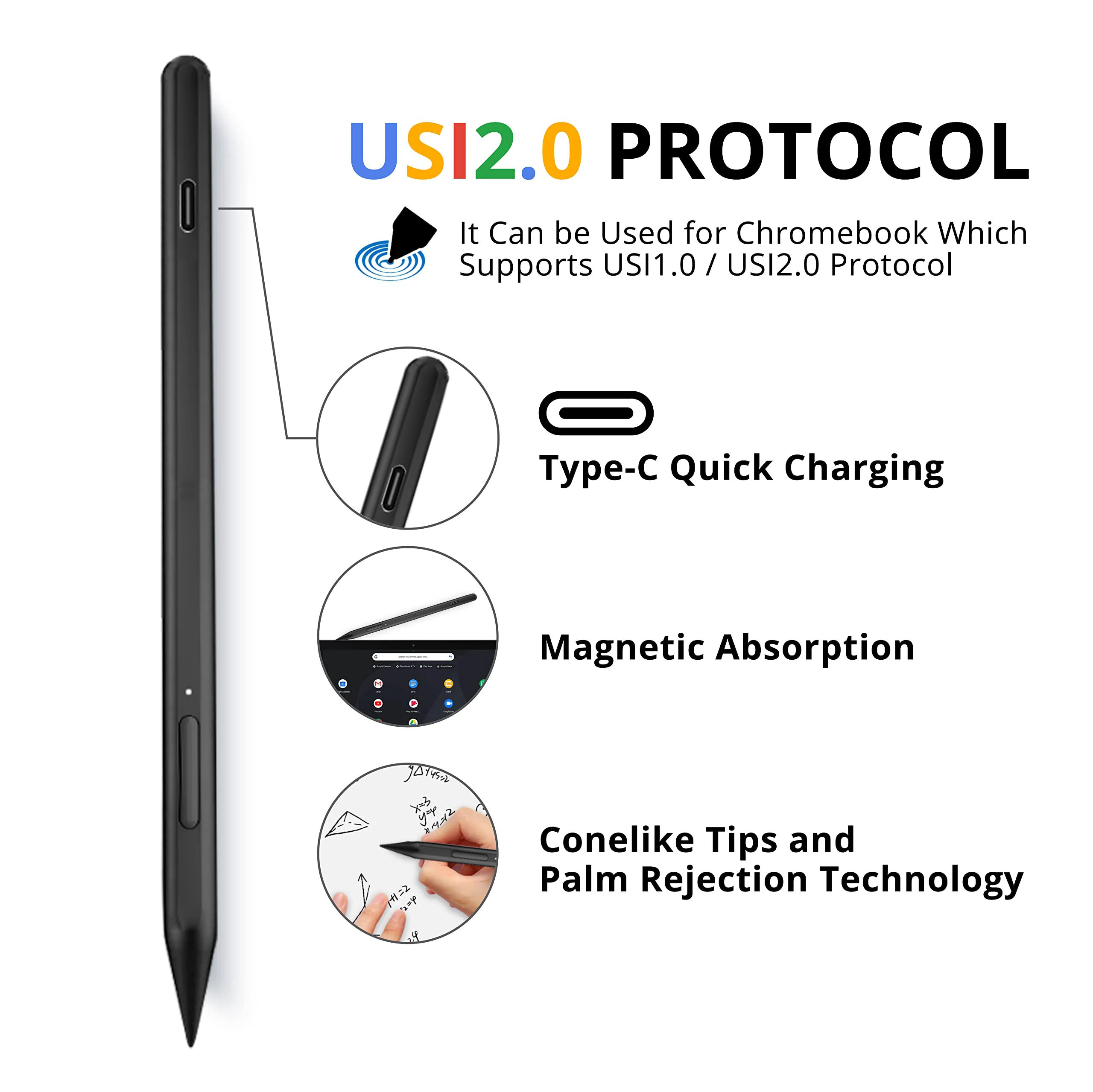 USI 2.0 Stylus Pen Palmar rejection for Chromebook 4096 Level Pressure for Lenovo Chromebook Duet, Asus chromebook C436, HP