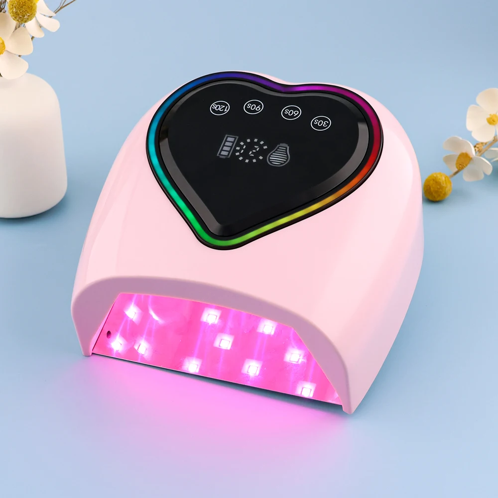 3 Farben kabellose UV-LED-Nagellampe, 98 W, Herz-Nageltrockner zum Aushärten von polnischen Maniküre, wiederaufladbarer Akku, 30 Stück rosa LEDs