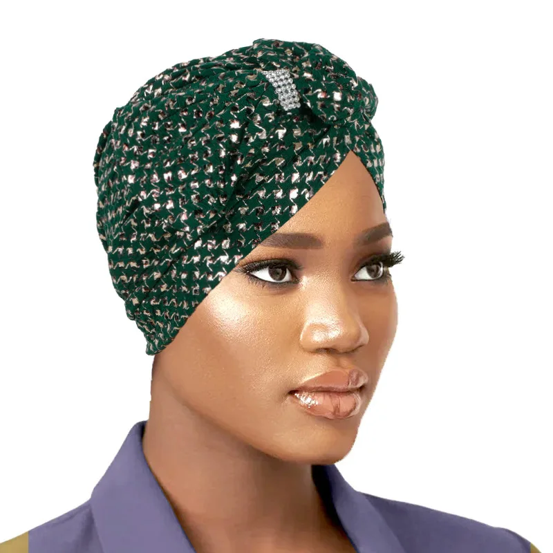 Indian Hat Bow Knot Diamonds Shiny Bonnet Turban Cap Women African Headscarf Muslim Hijab Beanies Chemo Cap Hair Loss Head Wrap