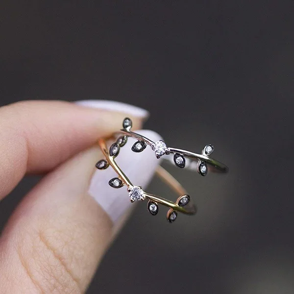 S925 Sterling Silver Ring New 14k Rose Gold Plated Diamond Leaf Ring Fashionable Black Gold Color Separation Ring For Women