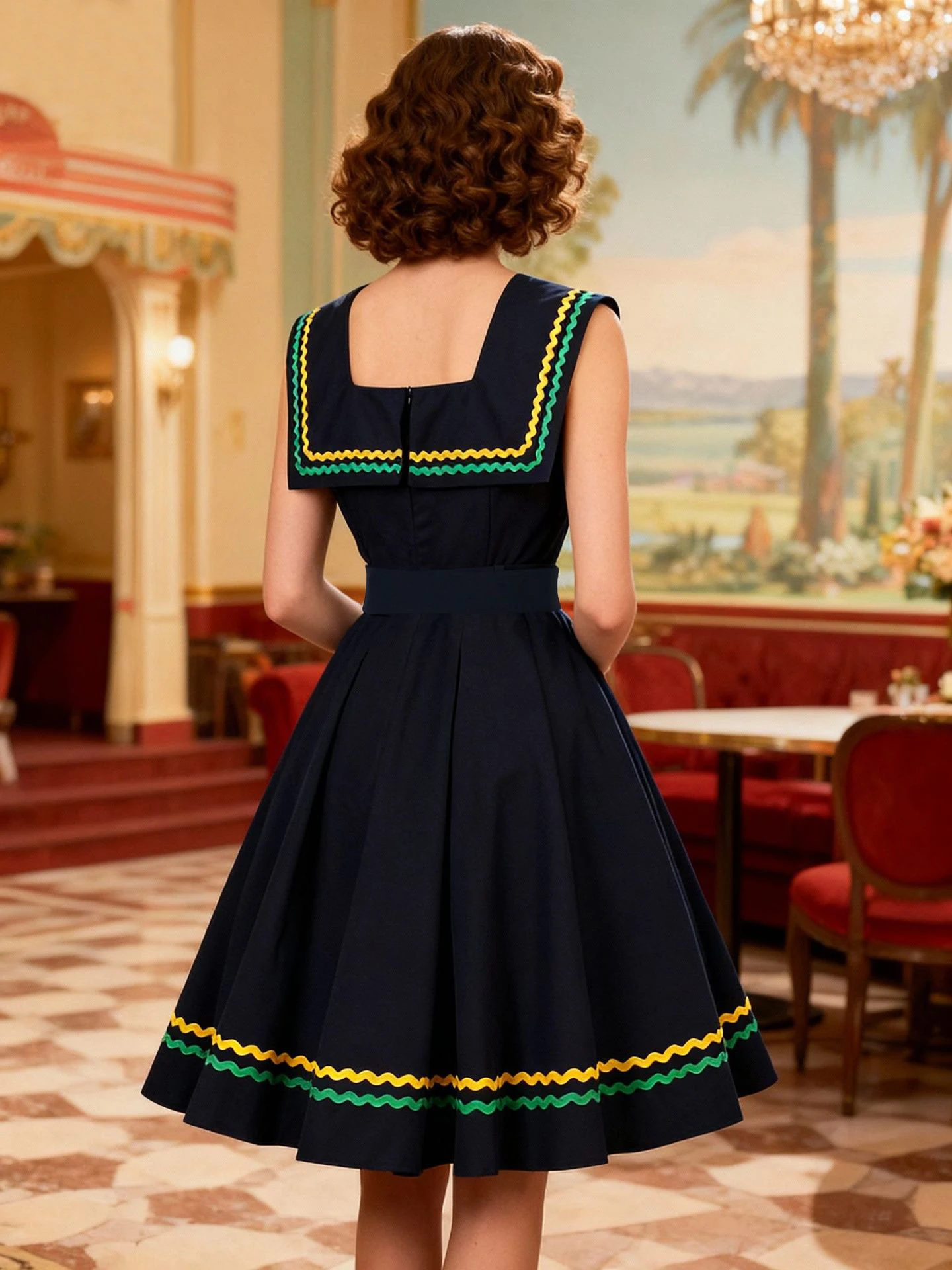 Tonval Contrast Webbing Square Neck Sleeveless Swing Pleated Women Dresses Summer Prom Birthday Party Vintage Swing Dress