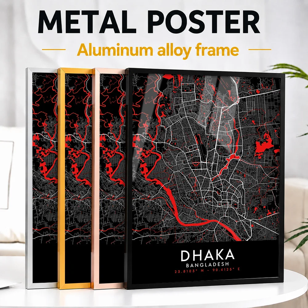 Dhaka Dark Map Metal Poster With Aluminum Alloy Frame Personalized Photo Clean Line Style Wall Art For Study Memorable City Gift