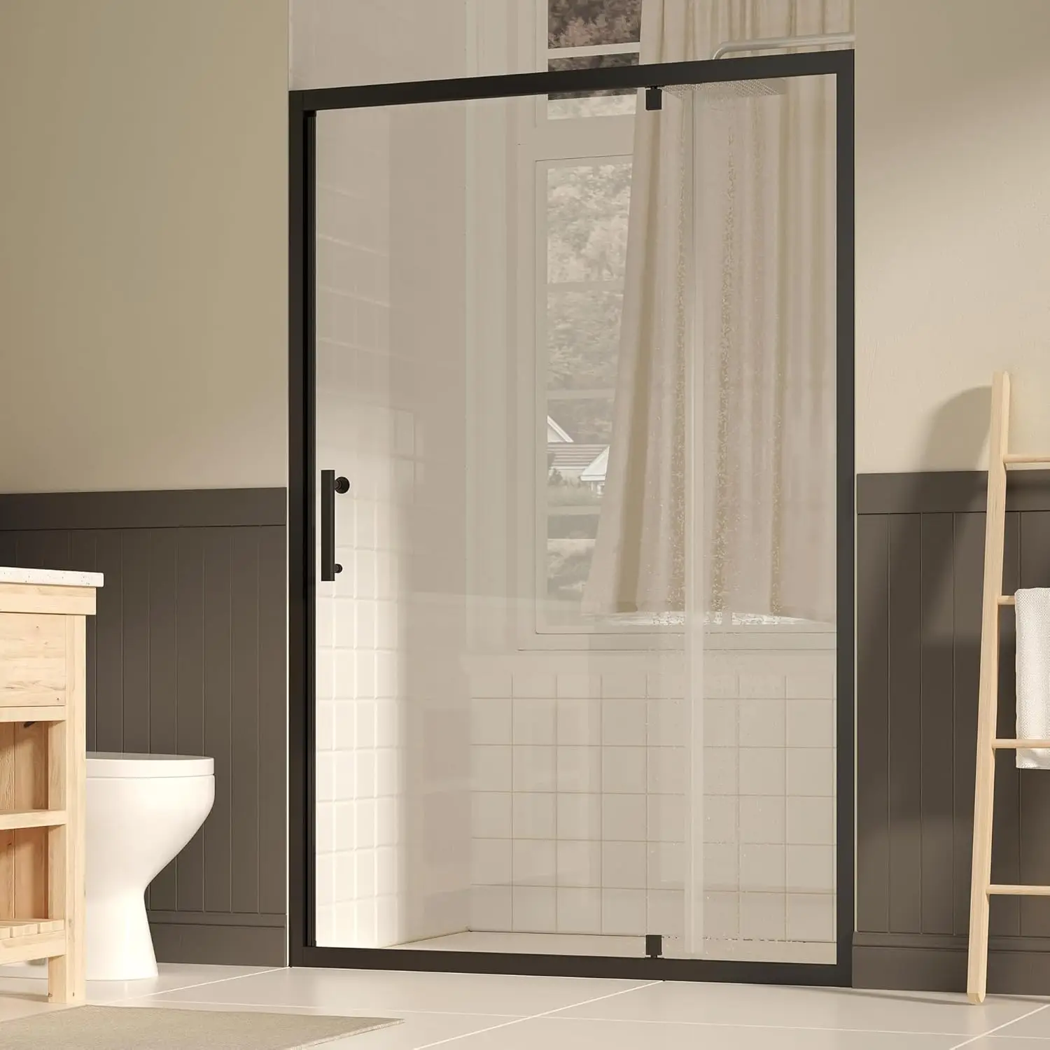 

Pivot Shower Door, Tempered Glass, Matte Black, Modern, 47-49" W x 72" H, Reversible Installation
