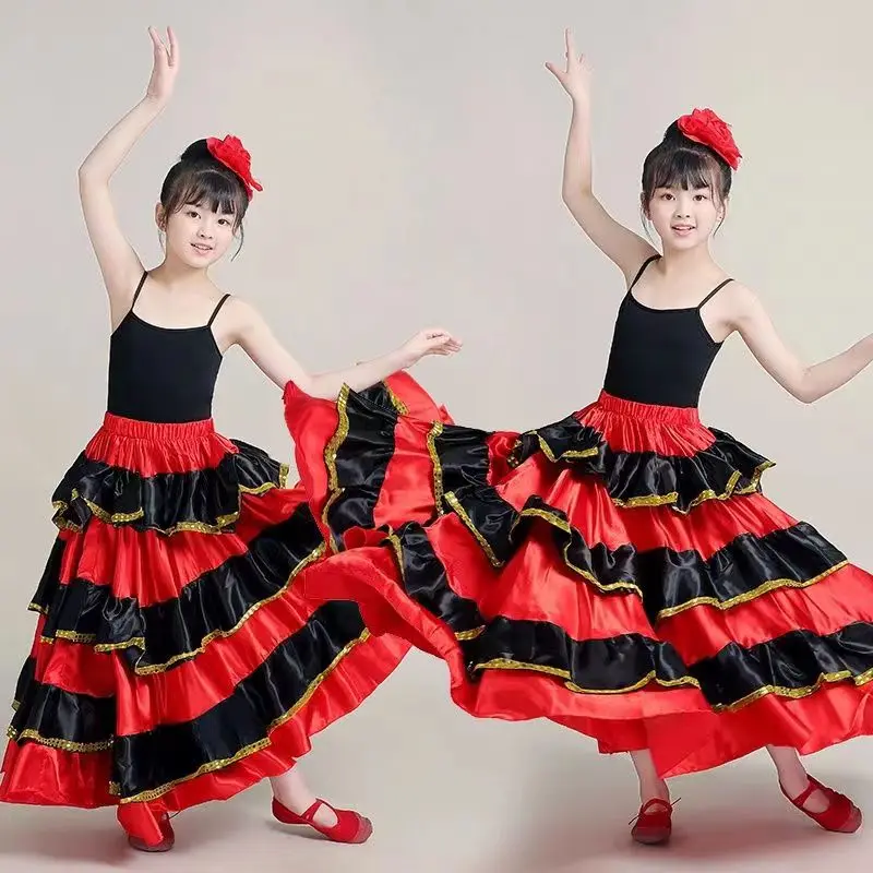 Falda de Flamenco español gitano para niña, traje de escenario para fiesta de carnaval, salón de baile, Festival de danza del vientre, satén suave, columpio grande