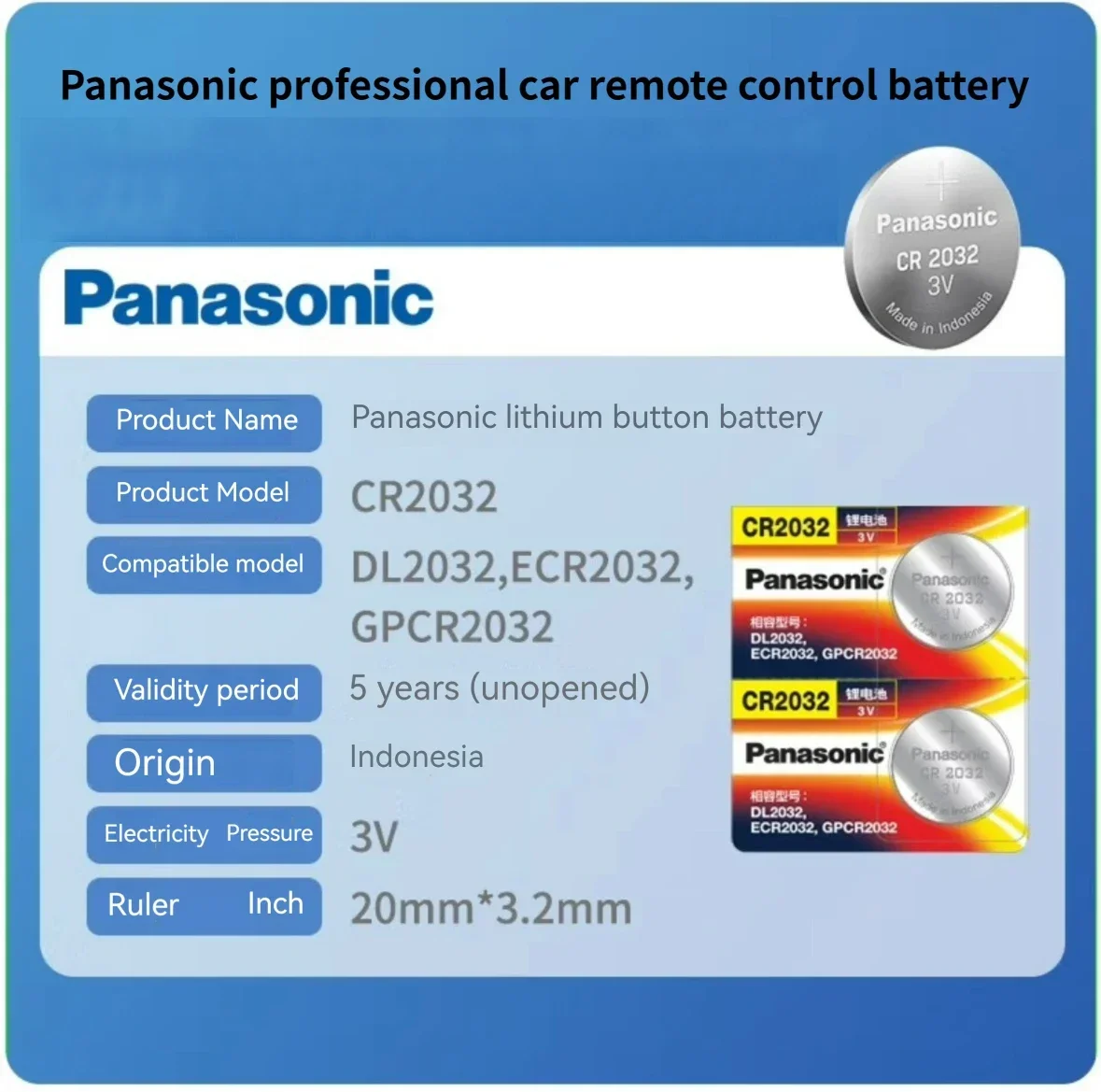 5-100PCS CR2032 3V Battery Panasonic for Hearing Aid, Glucose Monitor, LED Light, Electronics