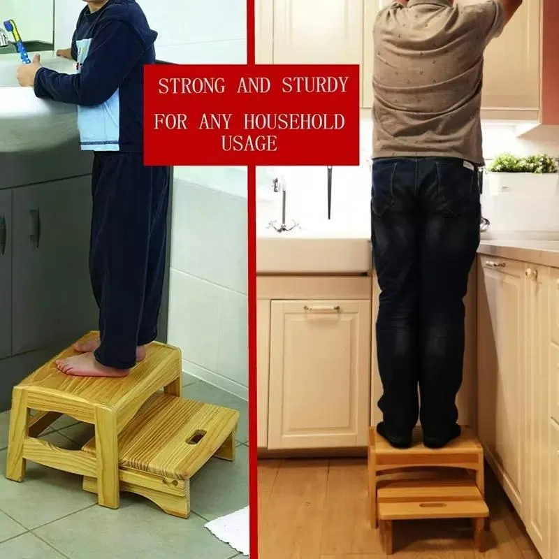 Handmade Solid Wood Two Step Stool for Kitchen Bathroom Shower Bedside Small Ladder Foot Rest Burnt Finish Durable Home Decor