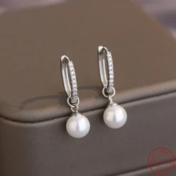 100% 925 Sterling Silver Pearl Hanging Women's Earrings with Zircon Simple Sweet Style for Attending a Wedding or Couples Dating