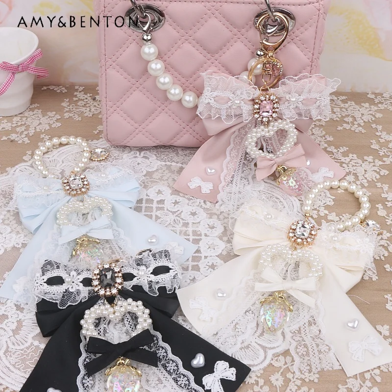 

Handmade Mine Mass-Produced Handbag Pendant Heavy Industry Pearl Rhinestone Beaded Lace Bow Pendant All-Match Lolita Accessories