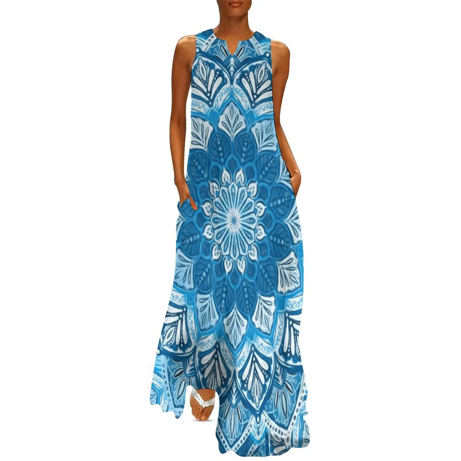 

Boho Mandala in Monochrome Blue and White Long Dress women's dresses luxury clothes dress women clothes