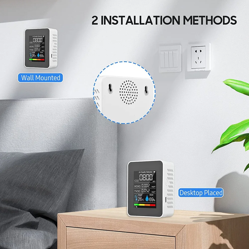 Monitor de qualidade do ar 5 em 1 TVOC HCHO Medidor de CO2 de temperatura e umidade, detector de CO2 recarregável USB branco