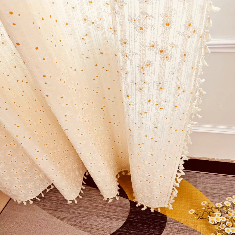 Korean Daisy Curtains Road Pocket Curtain Floral Tassel for Kitchen Bedroom Living Room Bay Window Cabinet Curtain