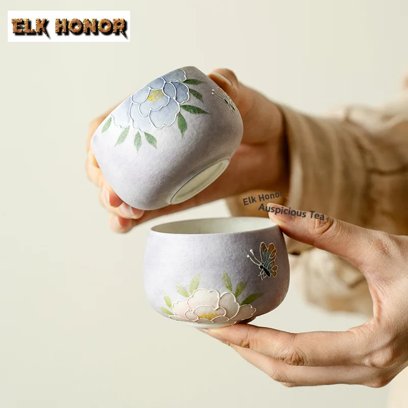 

150ml Hand-painted Peony Teacup Aesthetic Tea Bowl Tea Cup Set Tea-tasting Smelling Cup Jianzhan Master Cups Chinese Tea Set