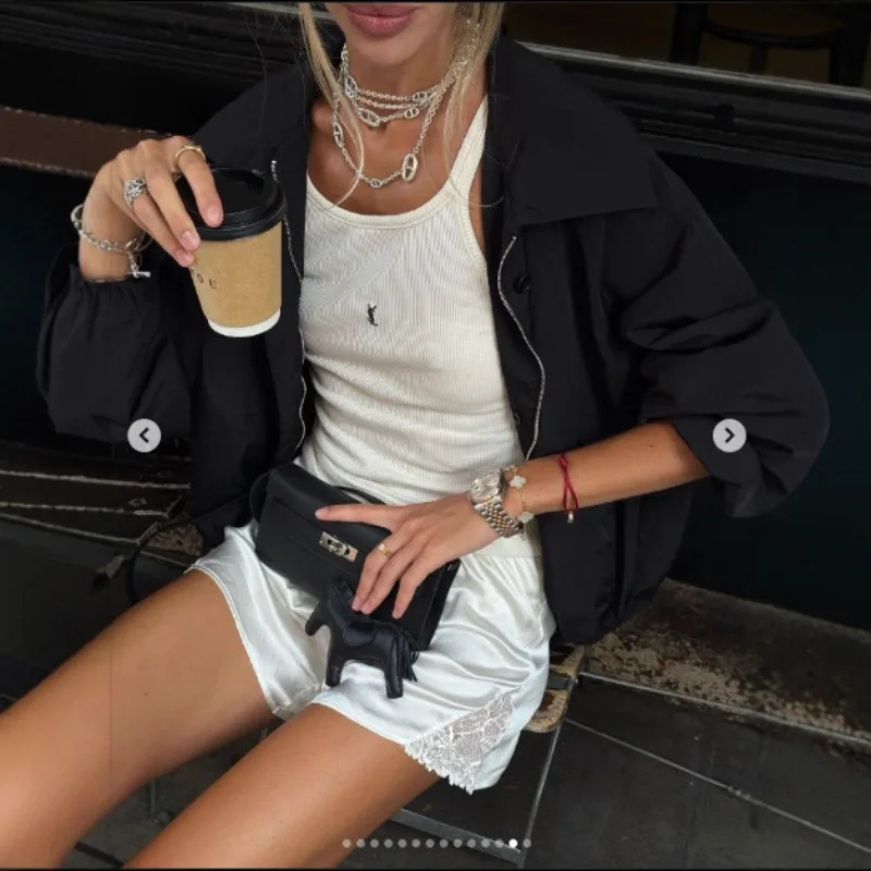 

Women's Lace Trim Satin Shorts Casual Loose Fit Loungewear