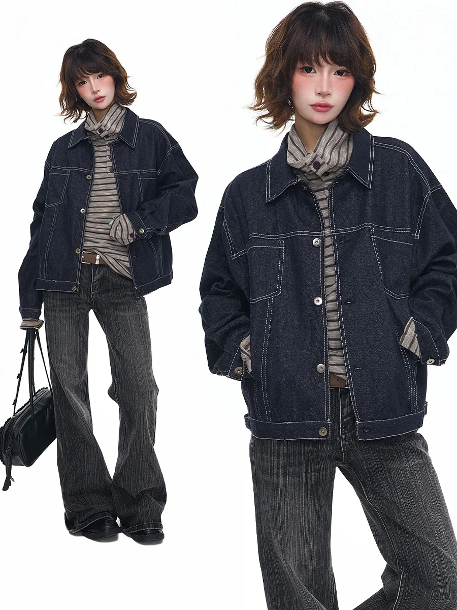 

Sanowers American Retro Embroidered Loose Fit Women's Denim Jaet Spring Autumn Turn-down Collar Bright Stitching Design Sen...