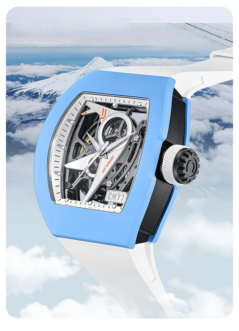 CRONUSART мужские автоматические часы Tonneau механические наручные часы скелетон светящийся фторкаучуковый ремешок оригинальный дизайн циферблат-авиатор