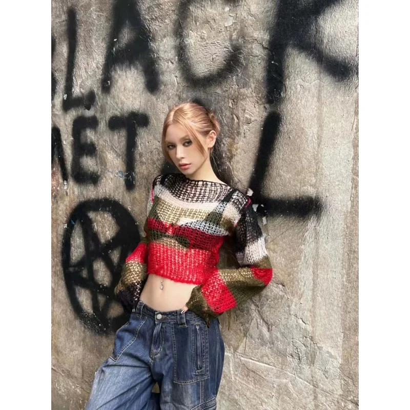 Deeptown Y2K Vintage Cropped distressed Sweater Women Korean Fashion Hollow Out Knitted Jumper Kpop Sexy Backless mesh Knitwear