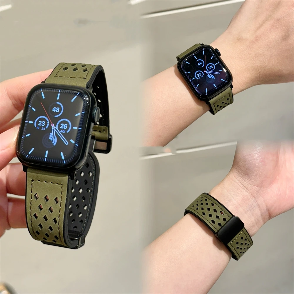 Luxury Leather Breathable Hole Band For Apple Watch 44 40 45 41 49 42 38mm Magnetic Buckle Strap For Ultra Serie 9 8 SE 7 6 5 4