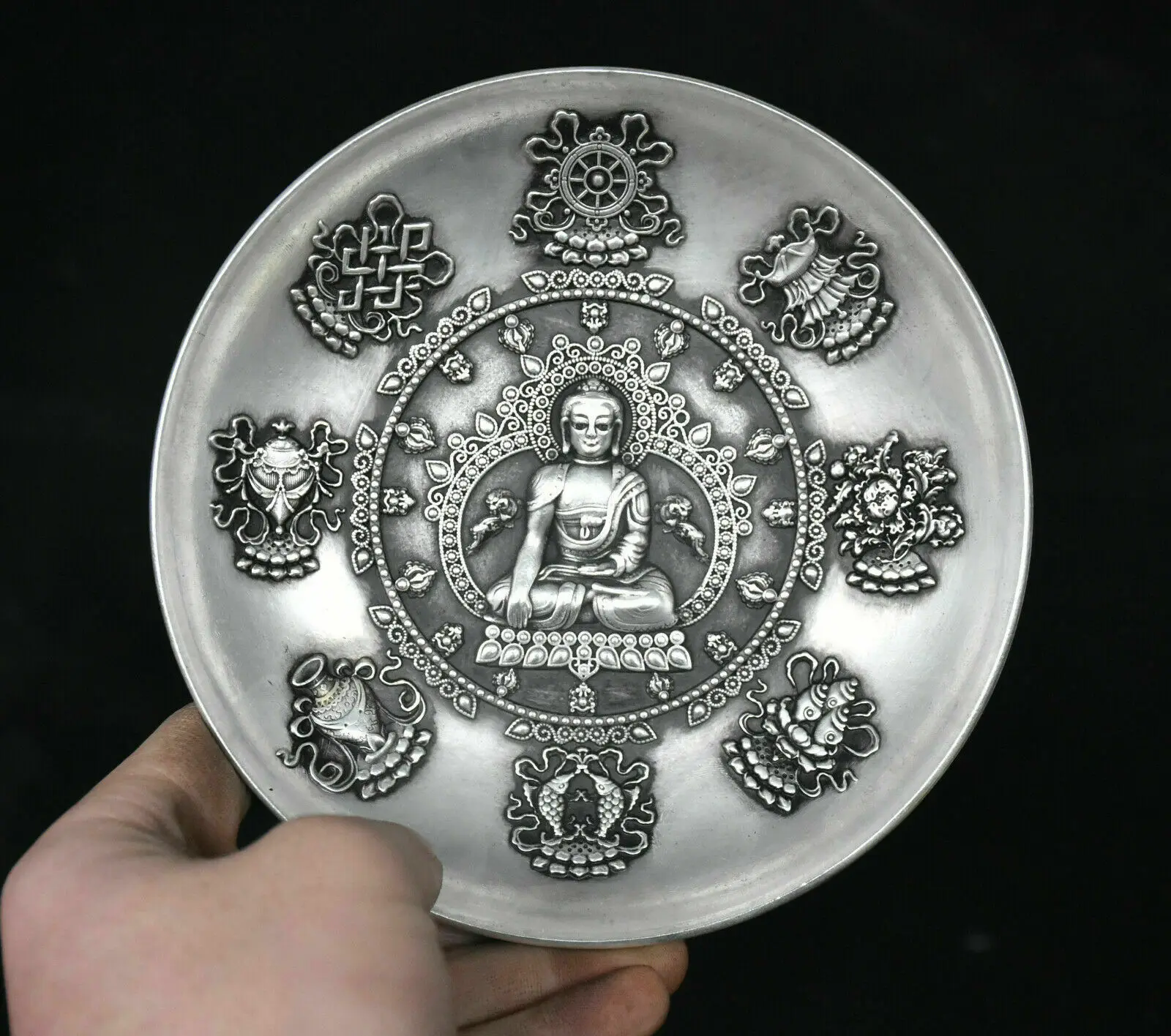 Old Chinese Miao Silver Platinum Shakyamuni Amitabha Buddha 8 Charm Symbol Plate