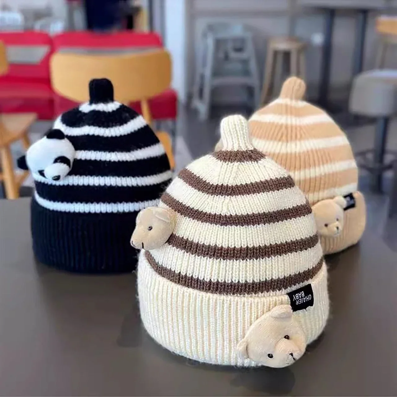 

Winter Baby Beanie Cap Outdoor Warm Knitted Wool Hat for Kids Boys Girls Cute Cartoon Striped Bear Pullover Hats
