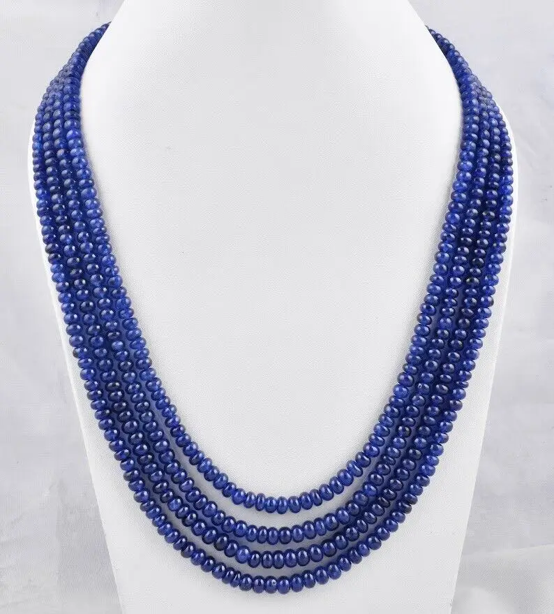 

Natural Blue Sapphire round Smooth 4 Lines Beaded Necklace 2*4mm 18 Inches,AAA+