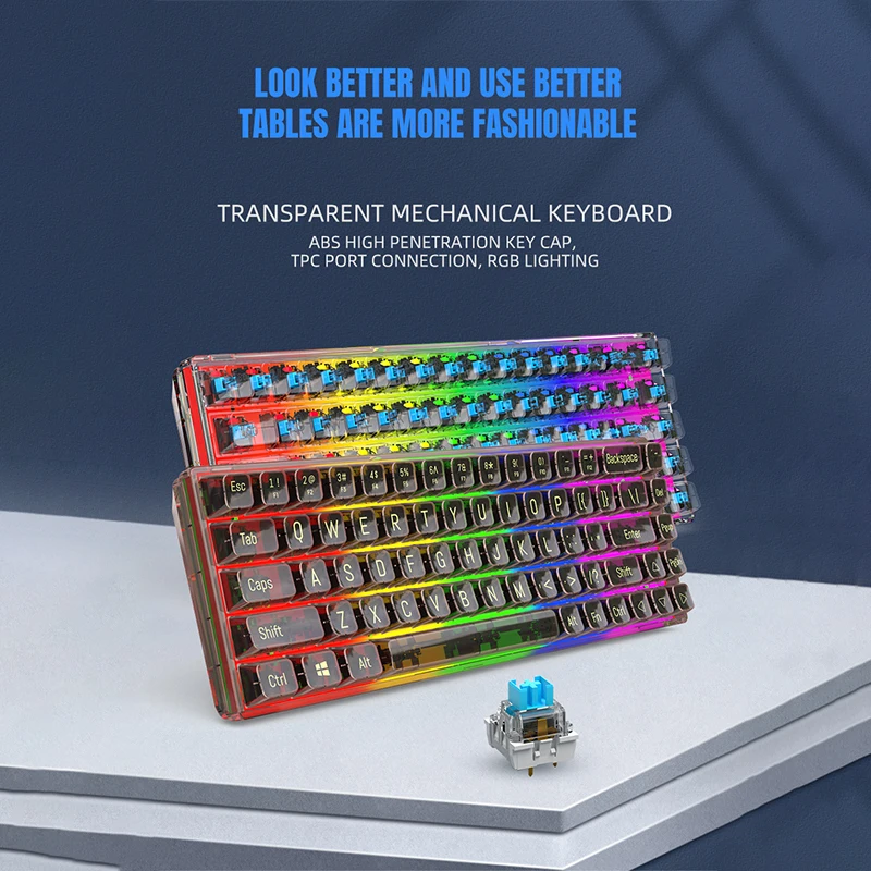 68 Keys Transparent USB Wired Mechanical Keyboard RGB Light Backlight Hot Swapping Red Switch For Laptop PC Desktop Macbook