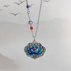 925 Silver Enamel Blue Lotus Flower Heart Sutra Necklace for Women and Men Ruyi Lock Pendant Vintage Clavicle Chain Jewelry