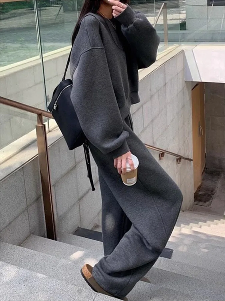 Pullover Sweatshirt + Wide Leg Pant Sets O Neck Tops Sweatpants Woman Tracksuit Gray Cotton Blend Loose Winter Female Outfits