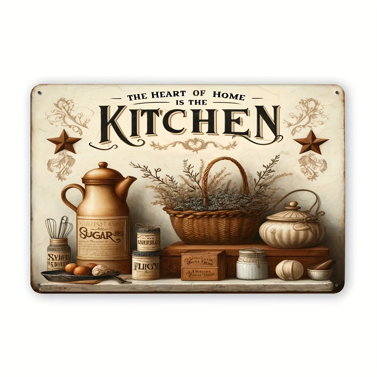 

Vintage Kitchen Metal Sign - "The Heart of the Kitchen" Illustrated Tinplate Wall Art, Waterproof & Weatherproof, Ideal for