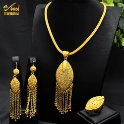 ANIID Dubai New Design Tassel Necklaces Earrings Rings Sets For Women Wedding Ethiopian Luxury Gold Color Jewelry Party Gifts