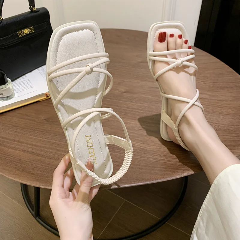 2024 Sandals All-Match Spring Shoes Square Toe Summer Heels Suit Female Beige Ankle Strap New Girls Low Flat Open Black Comfort