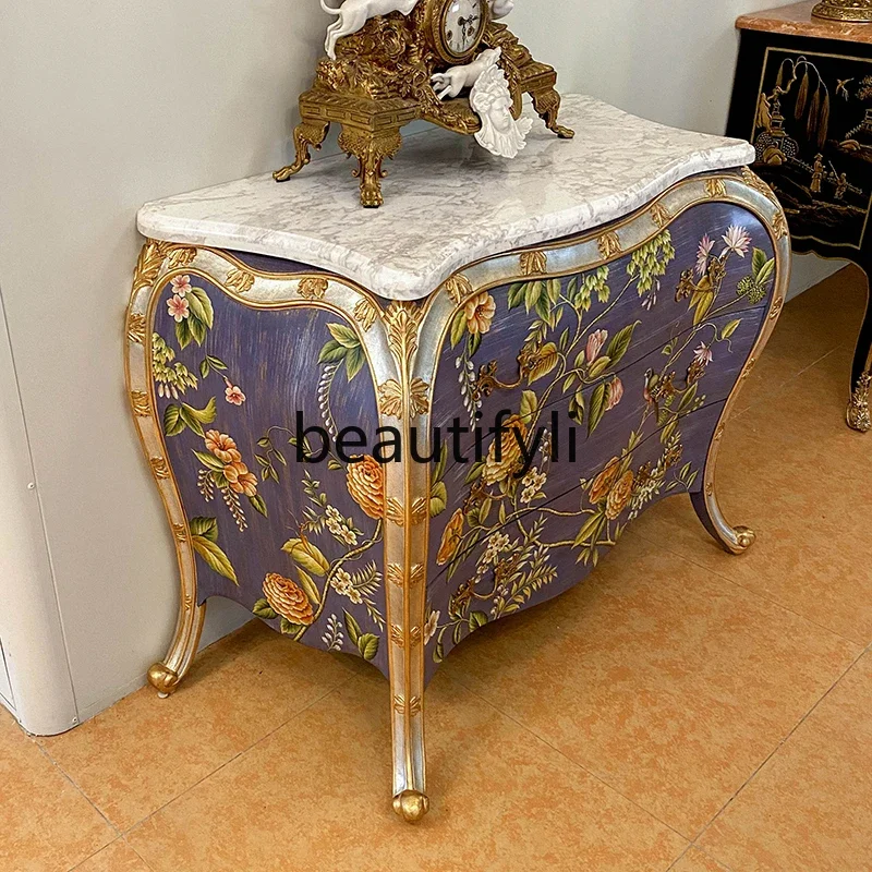 French Luxury Foyer Marble Top Decorative Cabinet Classical Painted Entryway Cabinet Chest of Drawers
