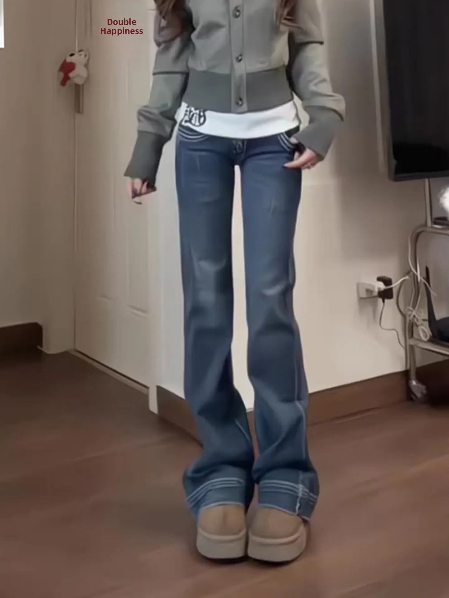 

Slim Fit Deep Blue Women's Jeans American Style Micro Flared Washed out Summer New Arrival Slimming Floor Length Trousers