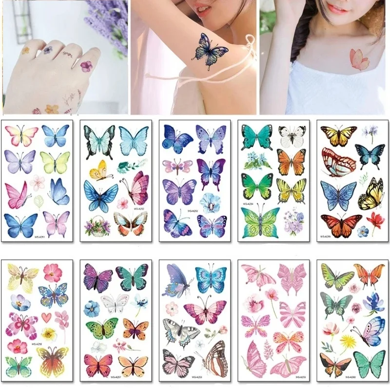 10pcs/set Cartoon Tattoos Sticker for Kids Little Girls Color Butterfly Tatoo Adhesive Waterproof Party Favor Shoulder Hand Arm