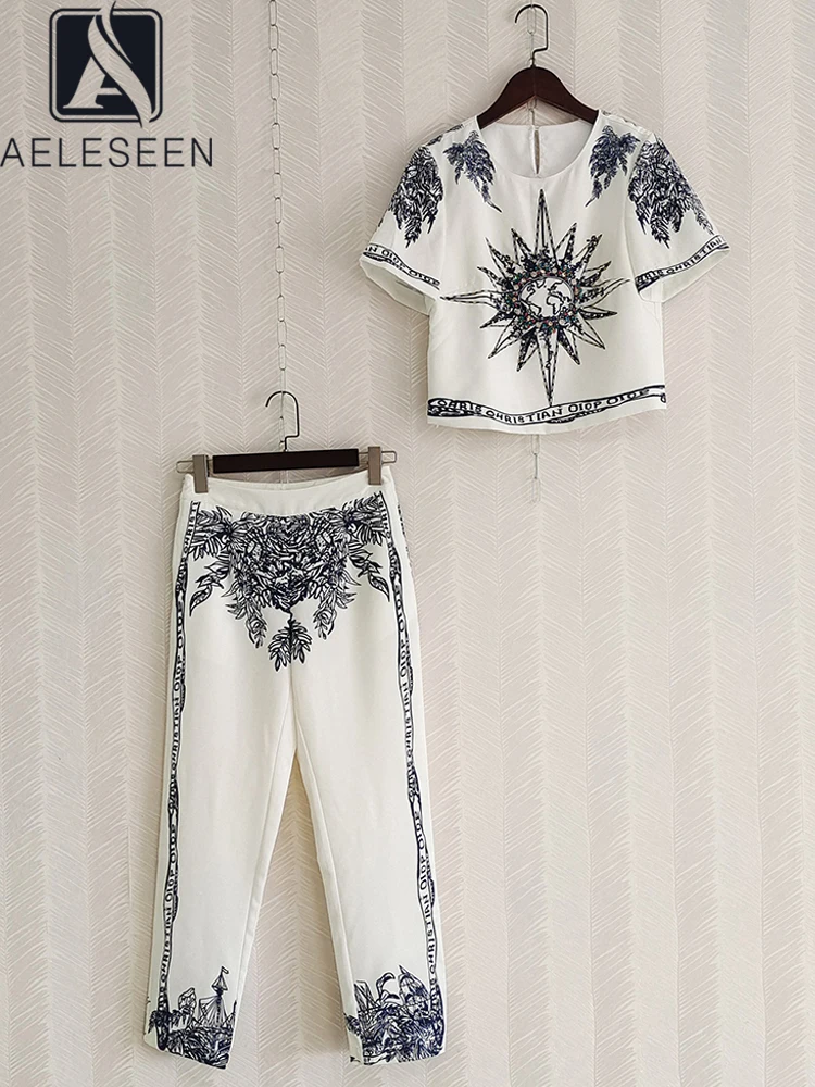 AELESEEN Women Designer Fashion 2 Pieces Set White Flower Printed Sequined Crystal Short Top + Pants Holiday Party Casual Set