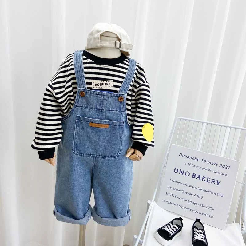 2025 소년 작업복 소녀 데님 배낭 어린이 솔리드 컬러 포켓 바지 어린이 간단한 패션 캐주얼 바지 2-8 세