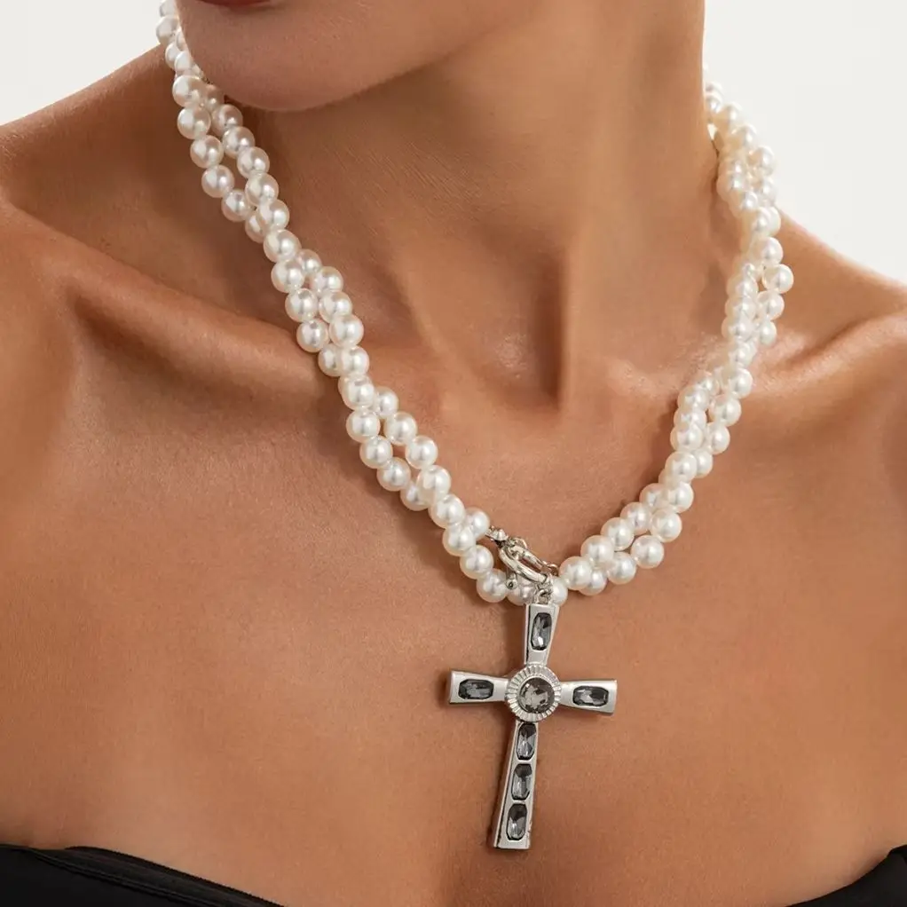 KunJoe Elegant Long Imitation Pearl Choker Crystal Cross Necklace for Women Exquisite Romantic Adjustable Sweater Chain Jewelry