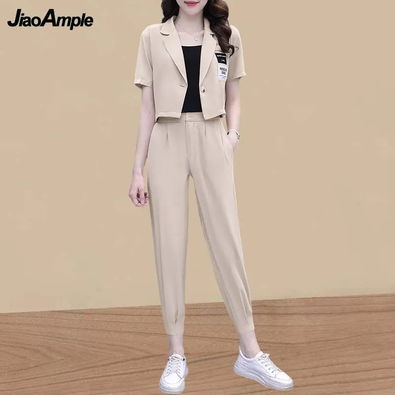 Women\'s Summer Fashion Short Suit Jacket Matching Set 2023 New Casual Blazers Coat Pants Two Piece Korean Elegant Trousers Suit