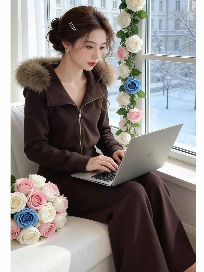 

Women's Casual Fleece Lined Hooded Jacket And Pants Two Piece Set Korean Style Winter New Fashion with Fur Collar
