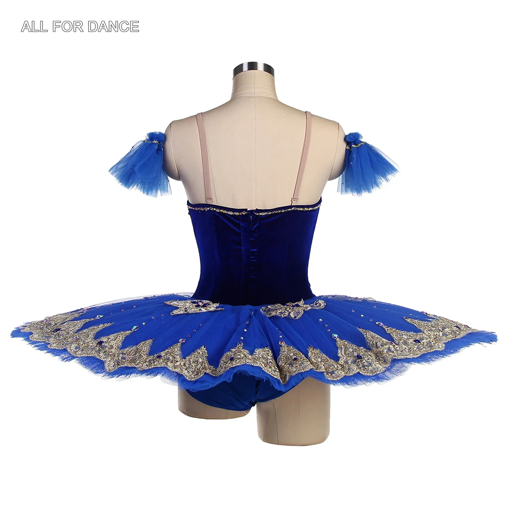 B22517 Customized Royal Blue Velvet Bodice with Gold Trim Professional Ballet Pancake Tutu Girls & Women Perforamcne Ballet Tutu