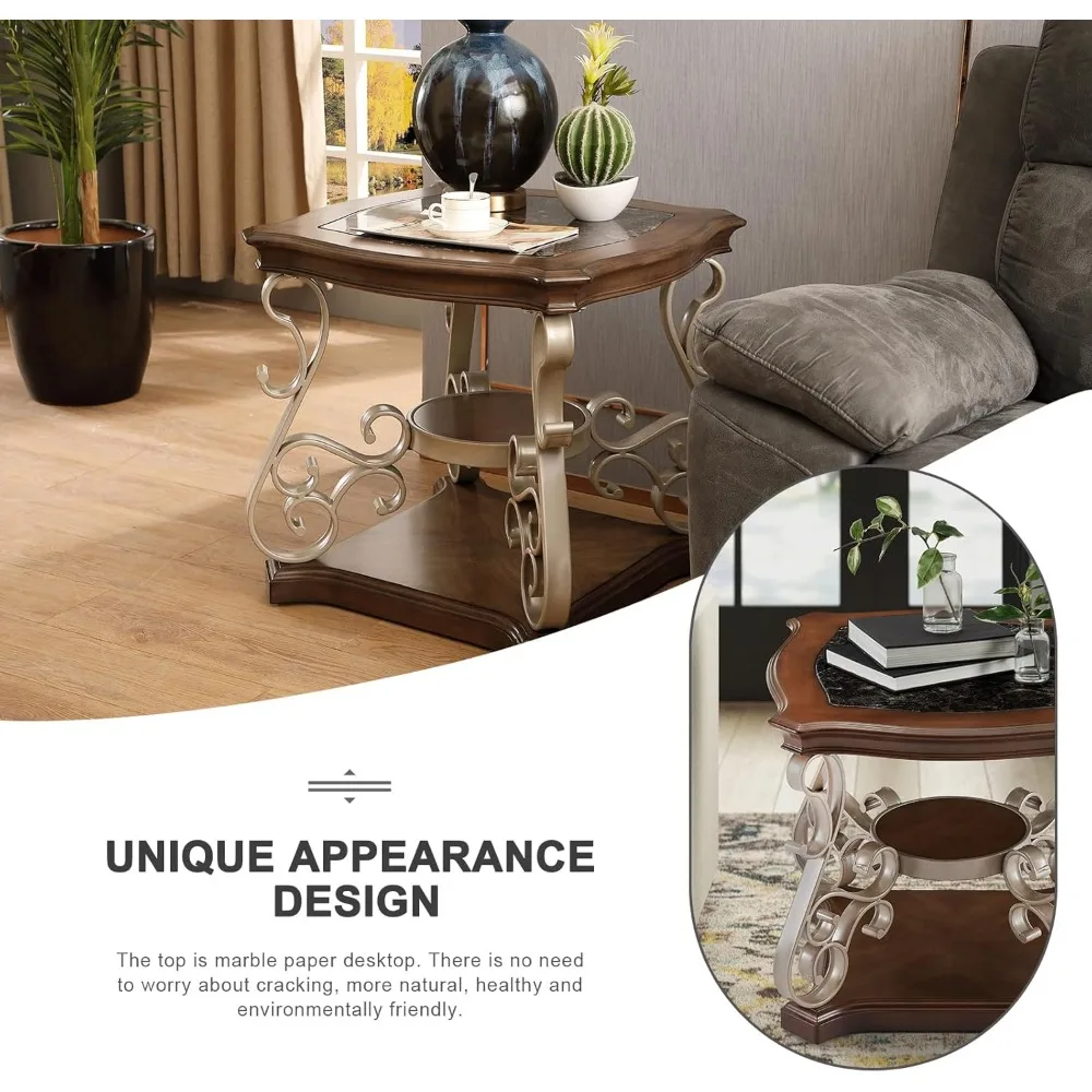 Large 26.2 Two-Tier Square Marble Top Coffee Table with Birch Shelf and Metal Legs for Bedroom Storage.