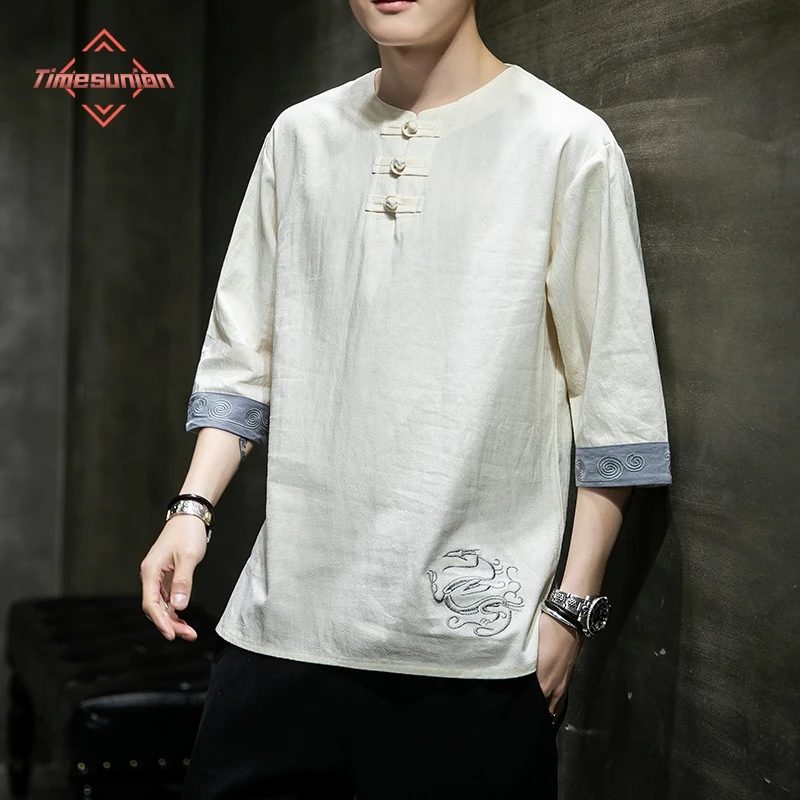 

Chinese Style Disc Button Cotton Linen T-shirt Mens Summer Short-sleeved Tang Shirt Loose Embroidery T-shirt Japanese Kimono Men