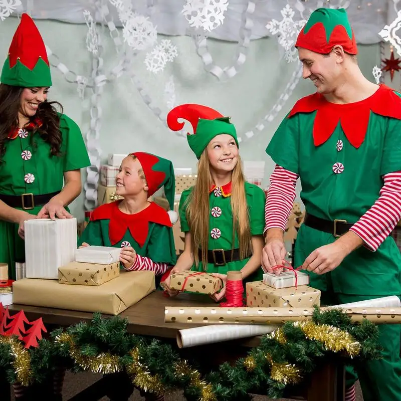 Costume d'elfe de Noël parent-enfant, robe à manches courtes, pantalon au-dessus des genoux, chapeau, ceinture et chaussettes, famille, parents et enfants