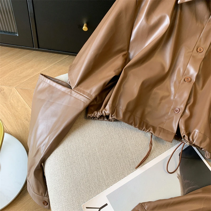 Jaqueta de couro curta para mulheres marrom verde casaco pu primavera outono único breasted gola virada para baixo topo na moda design de manga aberta