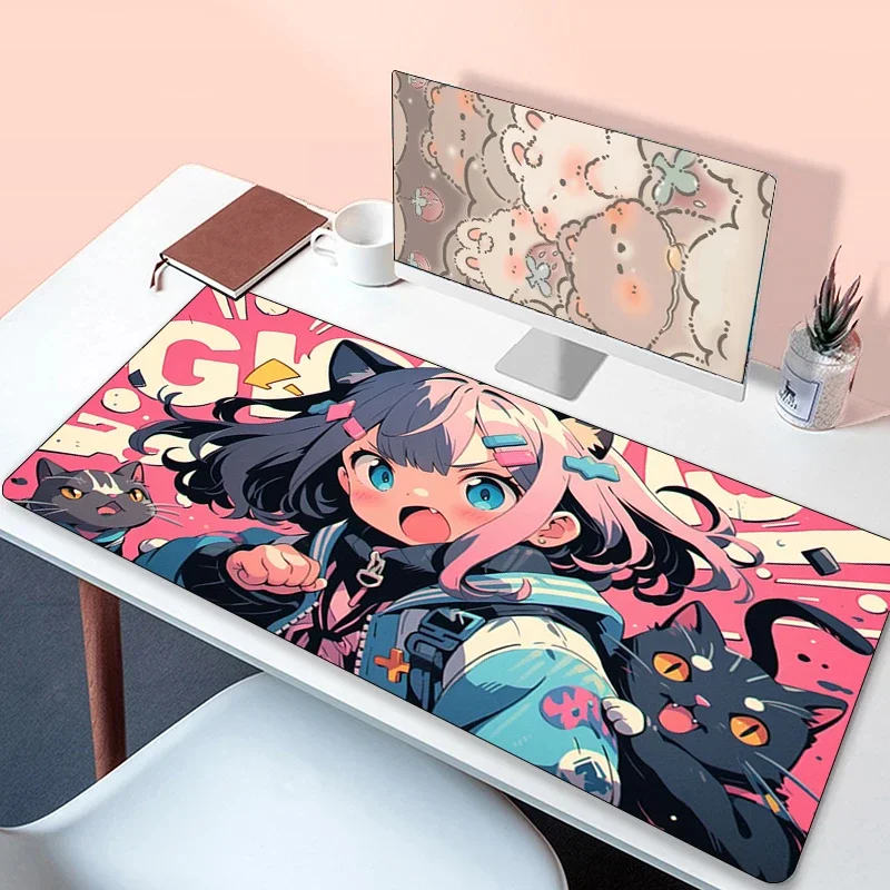 Gaming Mouse Pad Gamer Carpet Kawaii Girl and Cat Keyboard Mat Long Padding Computer Accessories Mousepad Xxl Desk Mats Mausepad