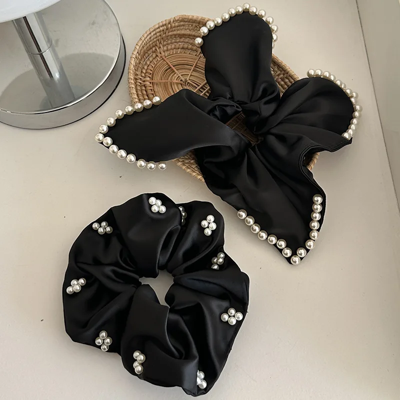 

Premium Satin Scrunchie with French Beads Square Scarf Hair Rope Chic Versatile Ponytail Holder for Women